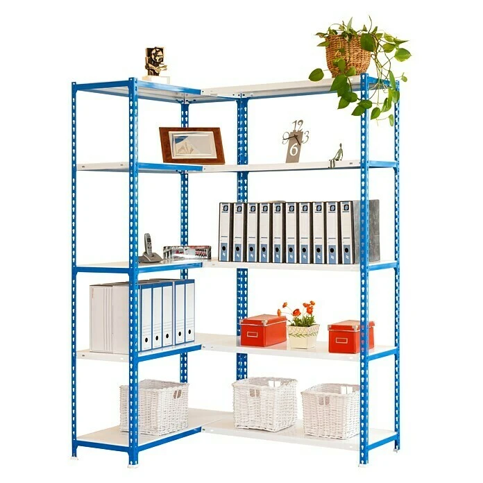 Simonrack Simonclick Metall-Eckregal Simoncorner L X B X H: 40 X 100 X 180 Cm, Traglast: 80 Kg/Boden, Anzahl Böden: 10 Stk., Stecken, Blau/Weiß 2 Simonrack Simonclick Metall-Eckregal Simoncorner L X B X H: 40 X 100 X 180 Cm, Traglast: 80 Kg/Boden, Anzahl Böden: 10 Stk., Stecken, Blau/Weiß – Bild 2