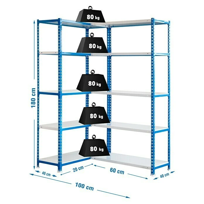 Simonrack Simonclick Metall-Eckregal Simoncorner L X B X H: 40 X 100 X 180 Cm, Traglast: 80 Kg/Boden, Anzahl Böden: 10 Stk., Stecken, Blau/Weiß 3 Simonrack Simonclick Metall-Eckregal Simoncorner L X B X H: 40 X 100 X 180 Cm, Traglast: 80 Kg/Boden, Anzahl Böden: 10 Stk., Stecken, Blau/Weiß – Bild 3