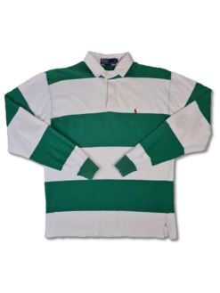 Vintage Ralph Lauren Poloshirt Langarm Made In Hong Kong Gestreift Grün Weiß L